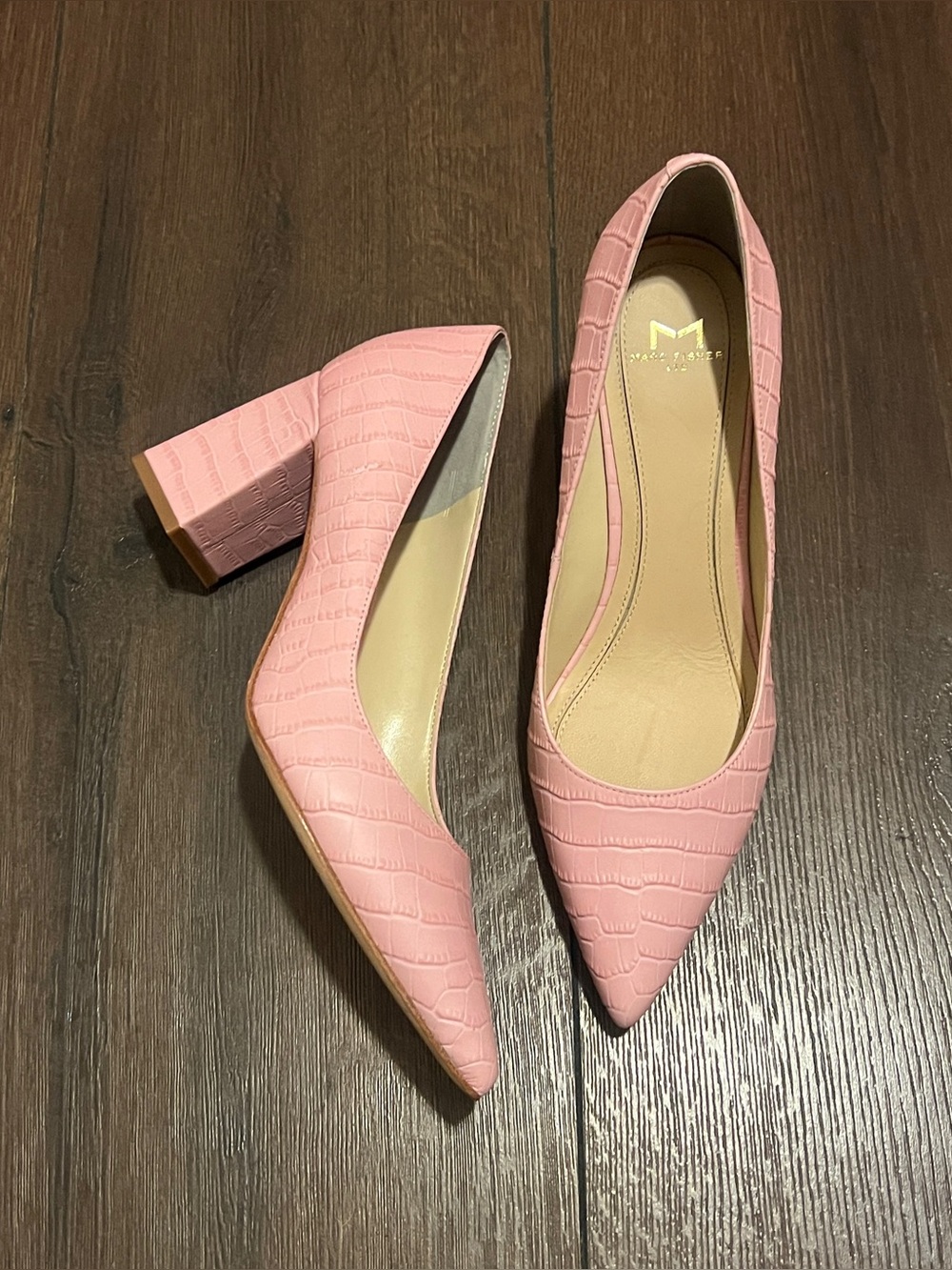 Marc Fisher Pink Croc-Embossed Pointed Block Heel Pumps